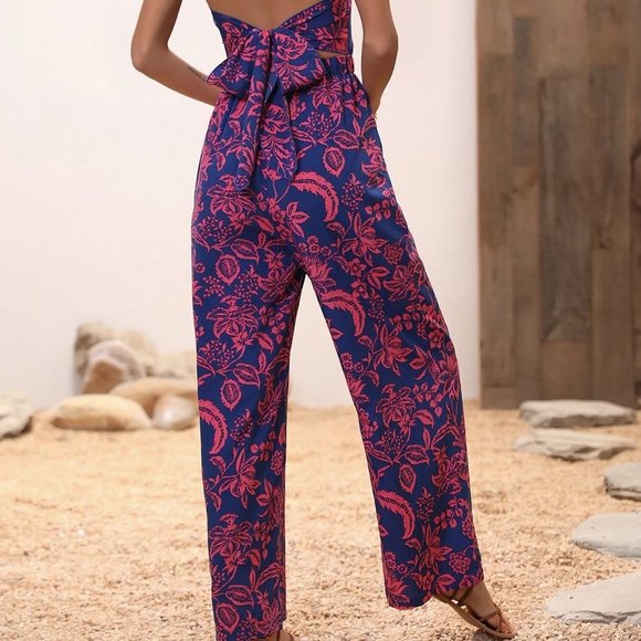 Blue Boho Womens Floral Print Twist Front Cut Out Tie Backless Halter Jumpsuit - Picture 3 of 5